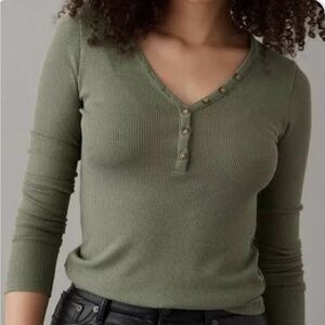 American Eagle Outfitters Olive Ribbed Button Top